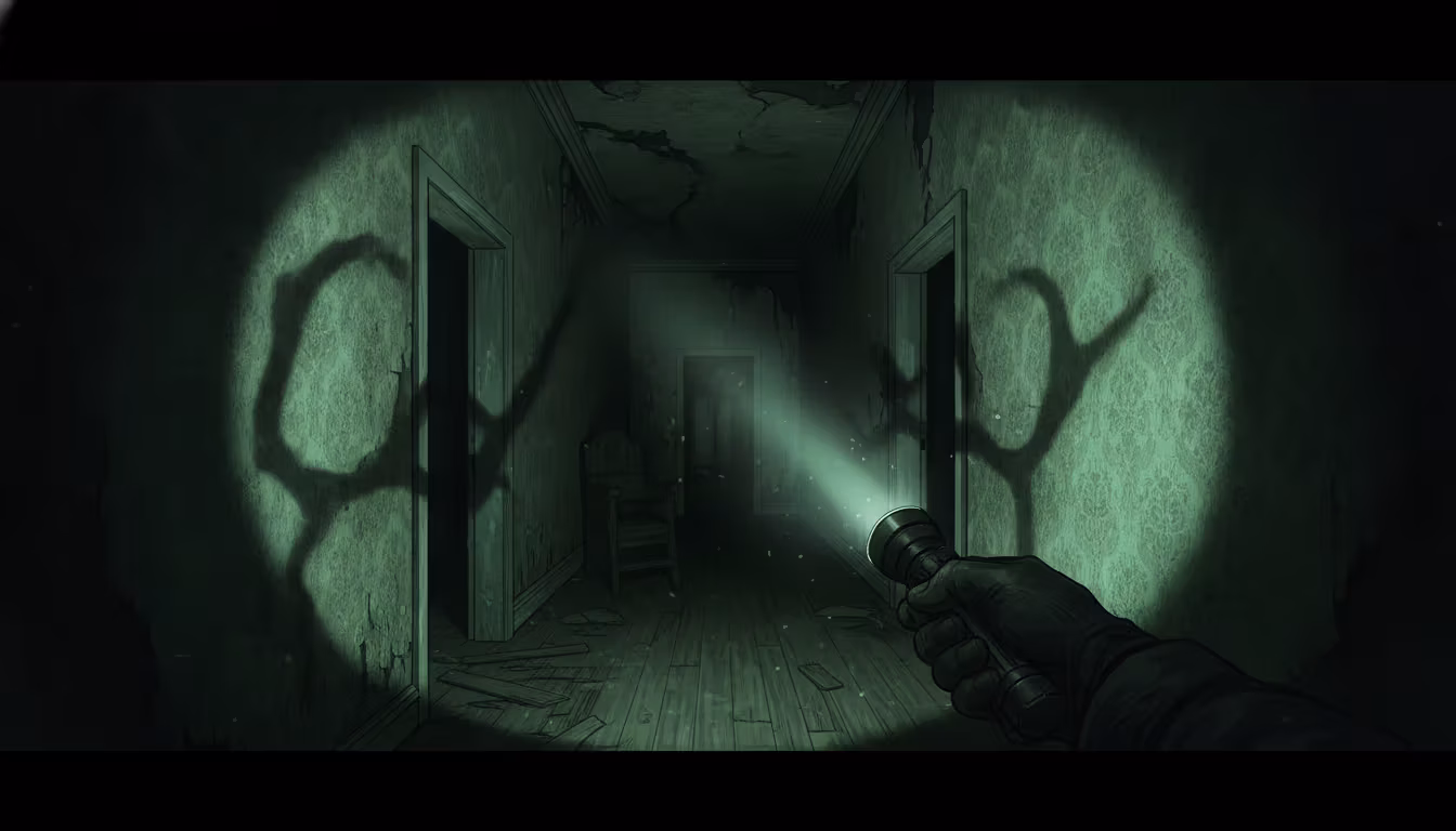 First-person POV of hands holding a flashlight in a dark, decaying Resident Evil mansion hallway with green lighting