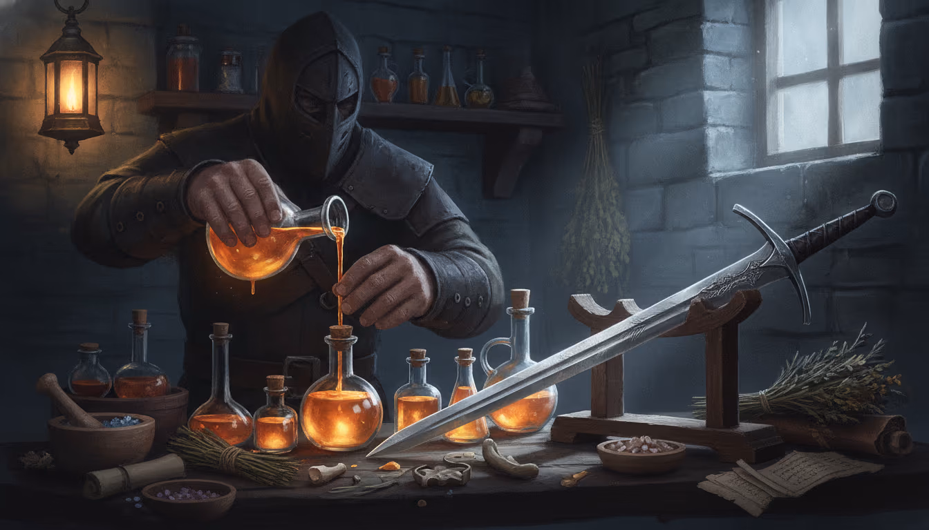 Gloved hands brew glowing amber potions next to a steel sword in a dark alchemy workshop from The Witcher 3