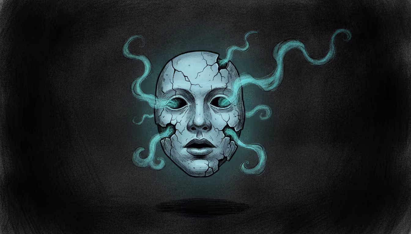 Cracked pale-blue Sally Face mask in a dark void with glowing teal light and mist seeping through fractures