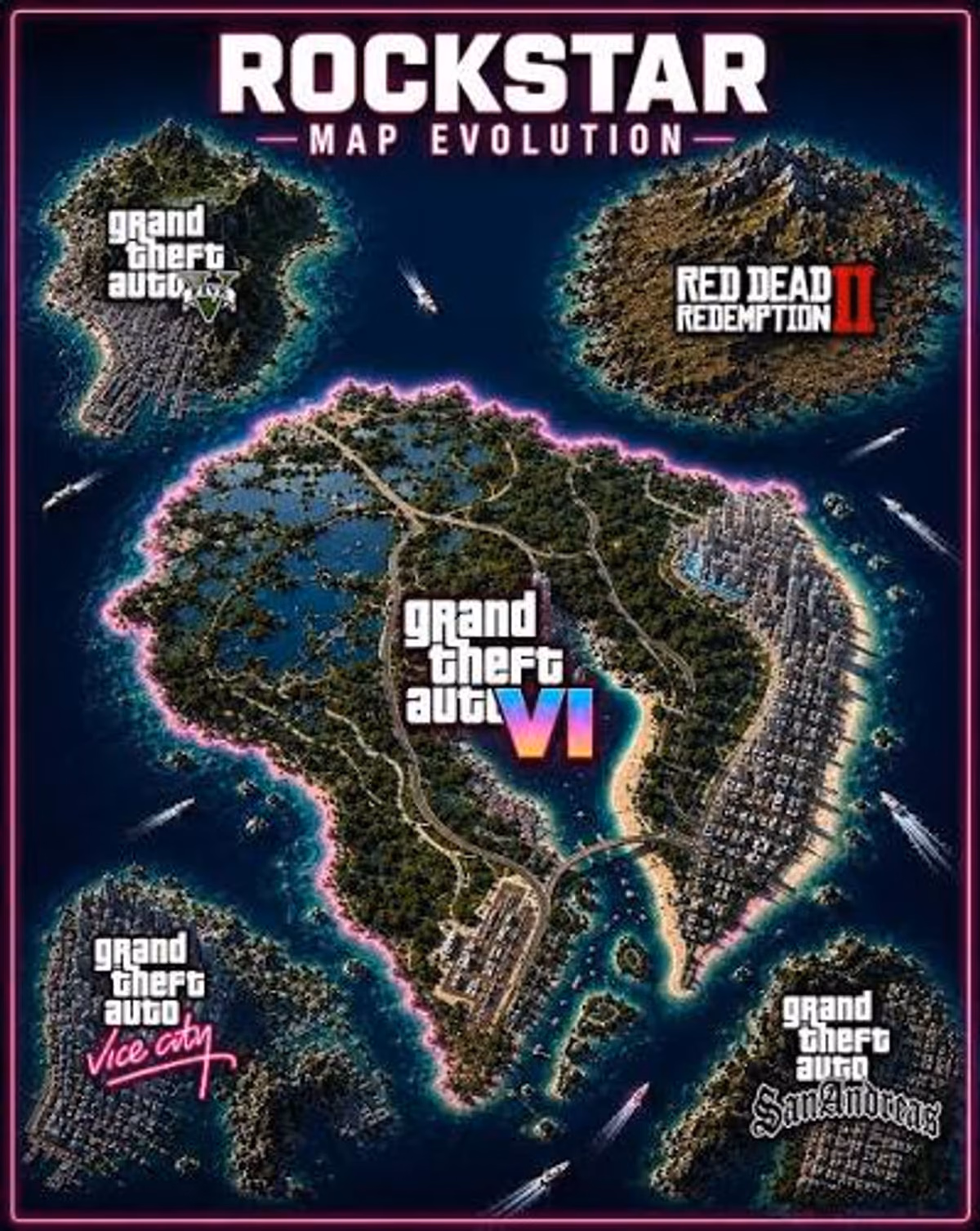 Neon Grand Theft Auto 6 map bursting from a cracked phone with floating clock hands and a synthwave glow