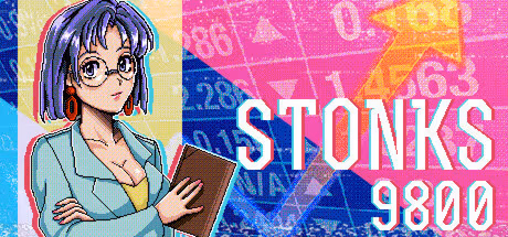 Glitched retro CRT monitor displaying an empty storefront and floating floppy disks for the canceled game Stonks-9800