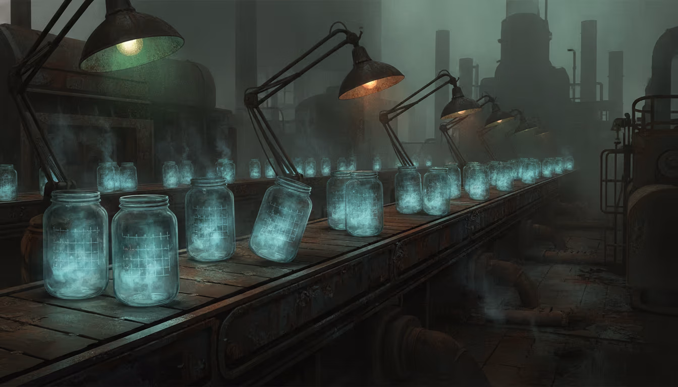 Decaying factory conveyor belt carrying glowing, fog-filled jars with calendar grids under eerie Silent Hill lights