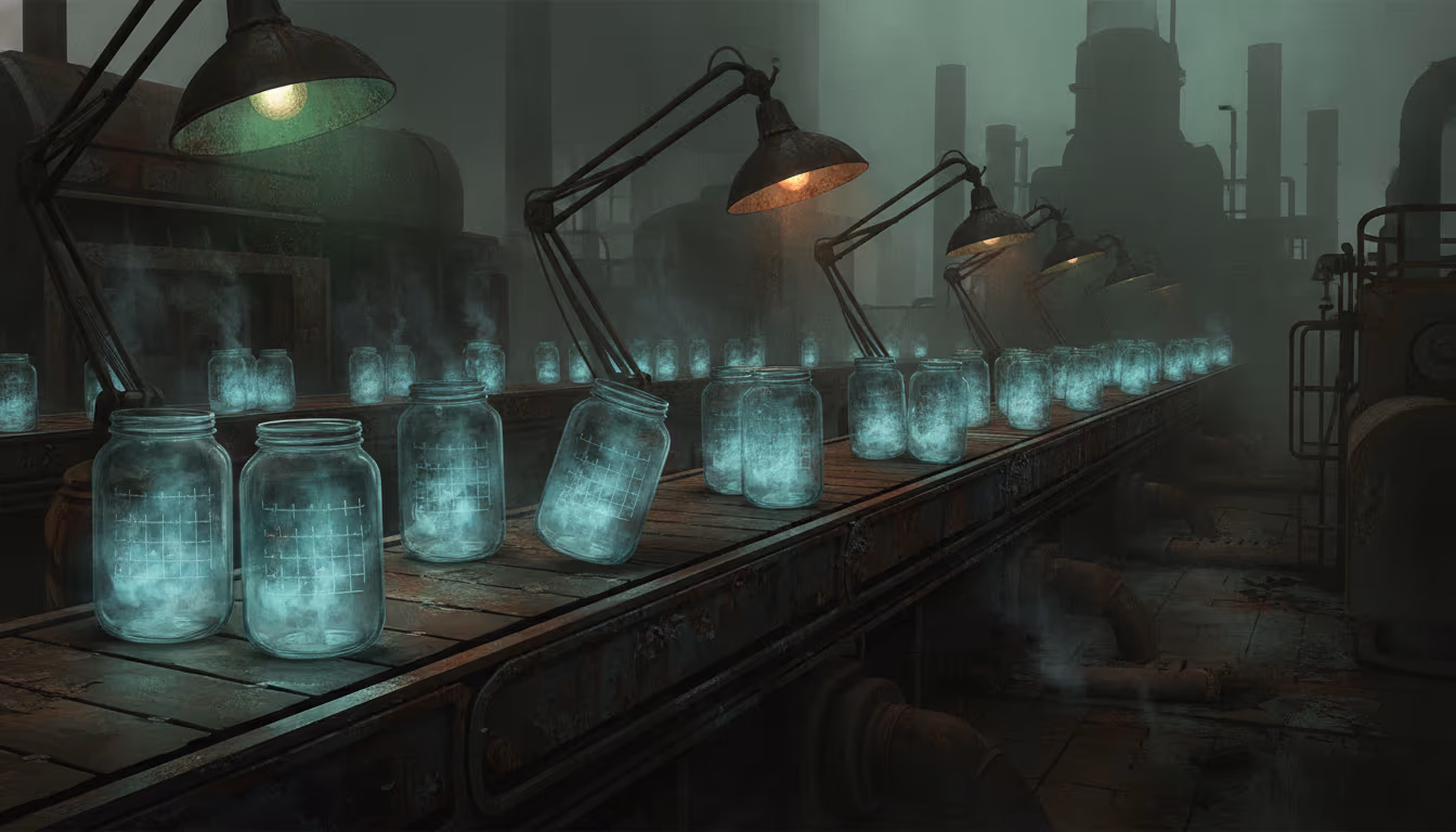 Decaying factory conveyor belt carrying glowing, fog-filled jars with calendar grids under eerie Silent Hill lights