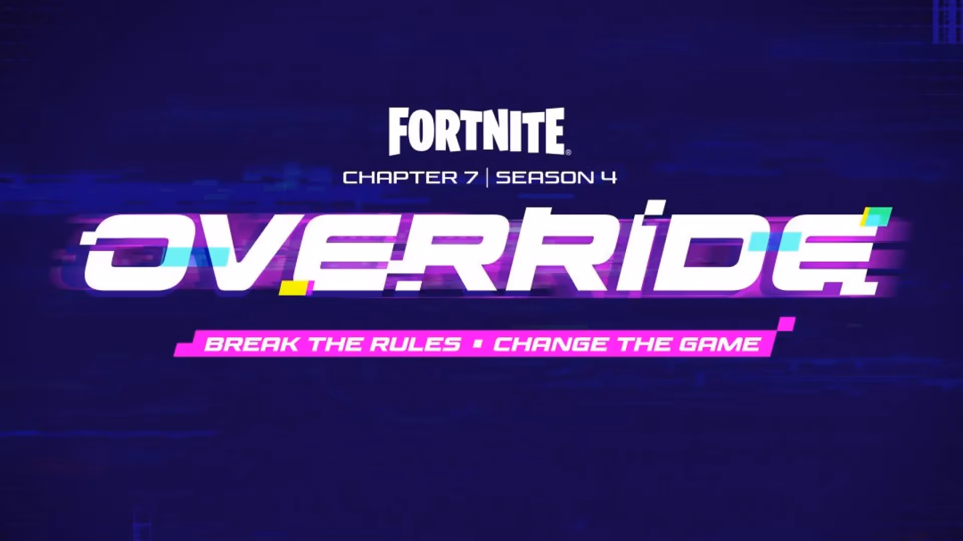 Fortnite battle royale island fracturing into glowing neon-pink and cyan digital wireframe grids under a twilight sky