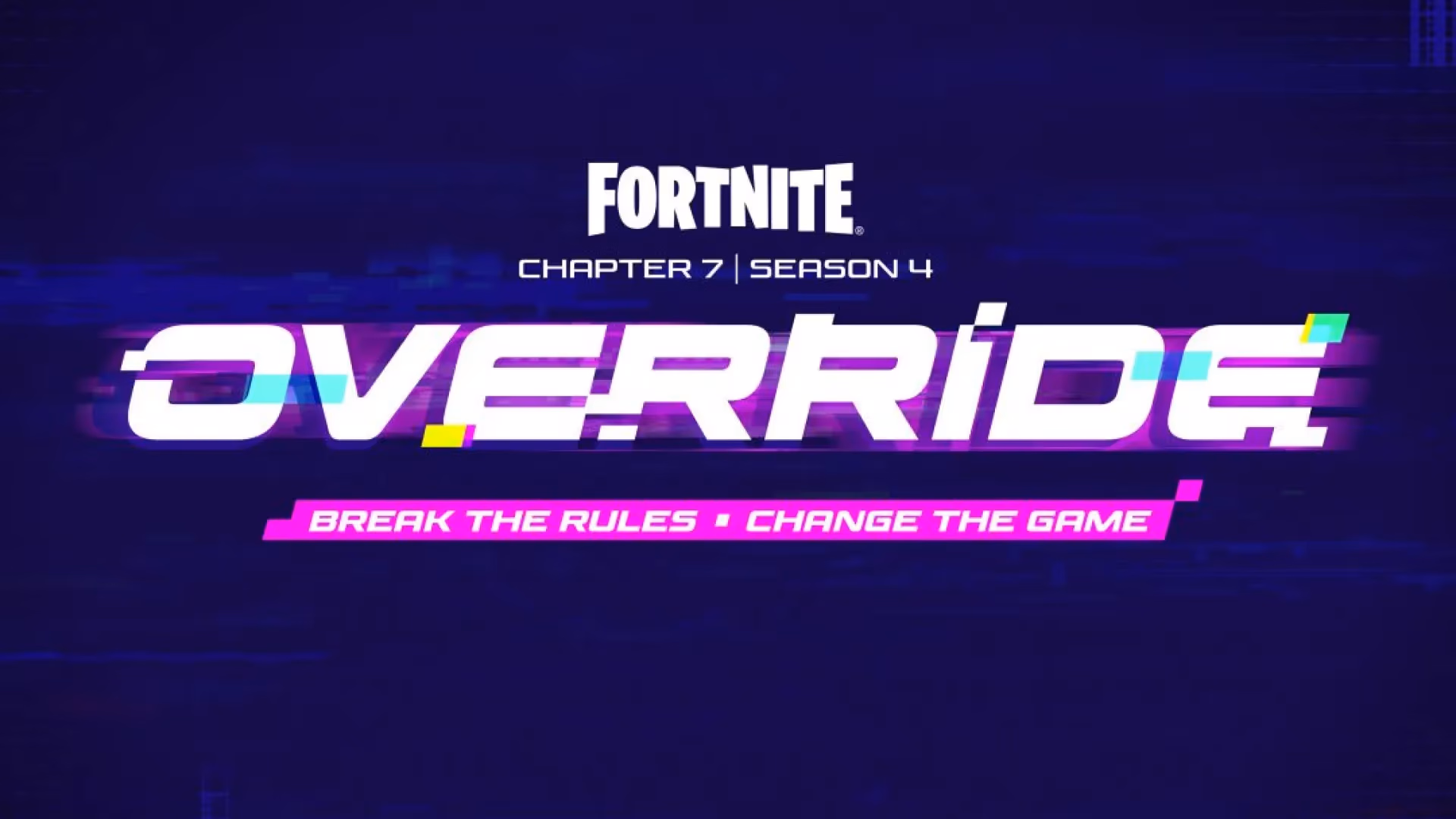 Fortnite battle royale island fracturing into glowing neon-pink and cyan digital wireframe grids under a twilight sky