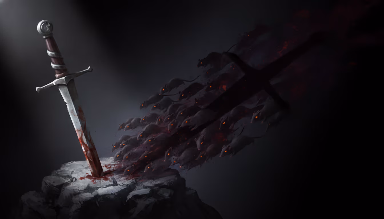 A bloody medieval sword in stone casts a shadow morphing into a swarm of glowing-eyed rats for A Plague Tale