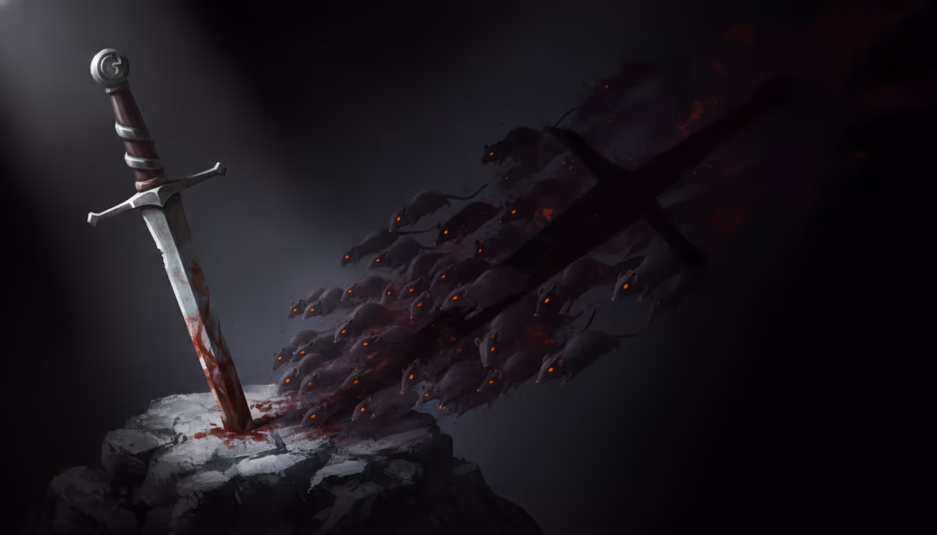 A bloody medieval sword in stone casts a shadow morphing into a swarm of glowing-eyed rats for A Plague Tale