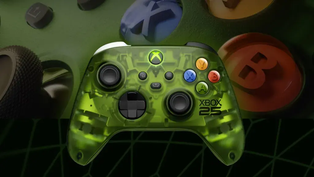 Translucent green Xbox 25th Anniversary controller showing inner circuitry, floating against a dark, neon-lit background