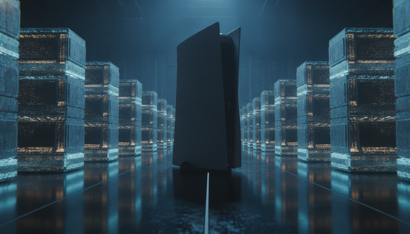 PlayStation 5 console silhouette surrounded by towering stacks of glowing blue and gold semiconductor RAM chips