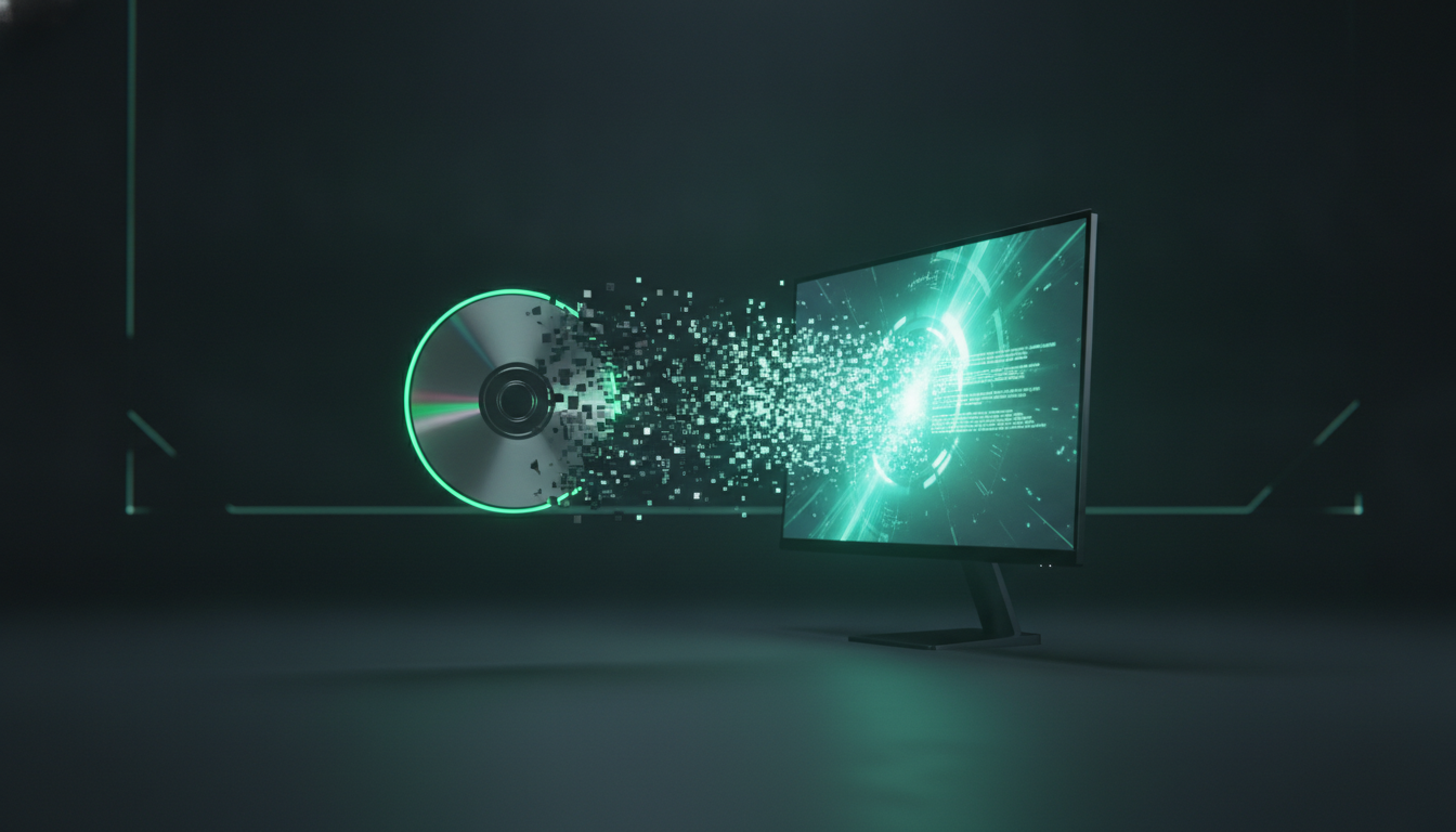 Green-ringed Xbox game disc dissolving into glowing pixels that flow into a modern PC monitor