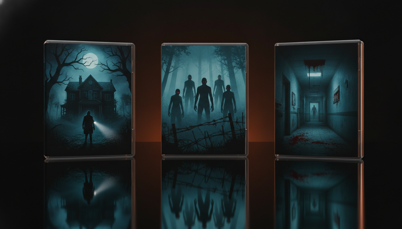 Three Resident Evil PS5 physical game cases fanned on a glossy black surface with a subtle orange background glow