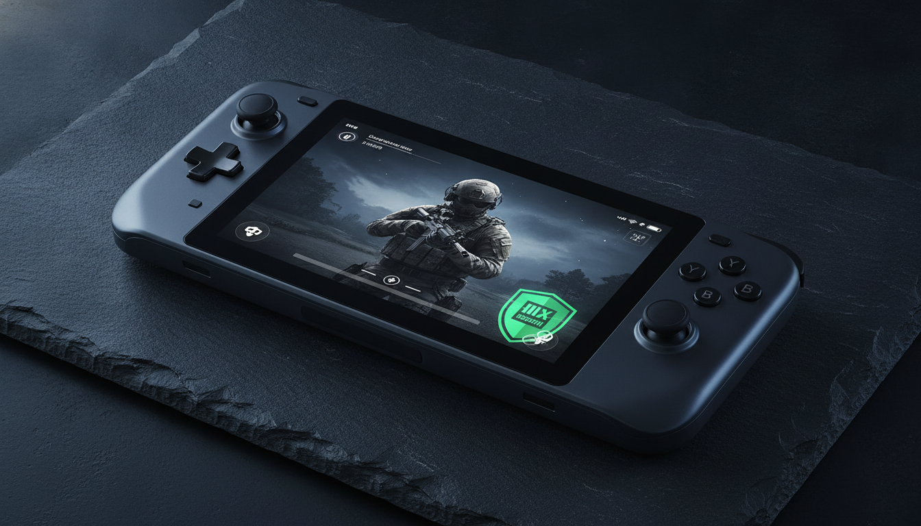 Handheld gaming console on textured slate displaying Ghost Recon on screen with a green discount badge