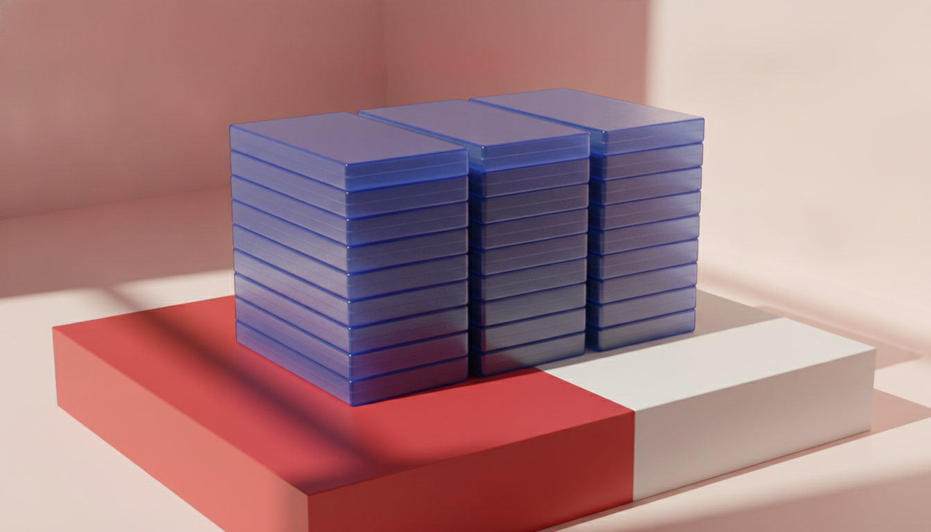 Stack of blank, translucent blue PS5 game cases on a red and white platform in warm, angled summer sunlight