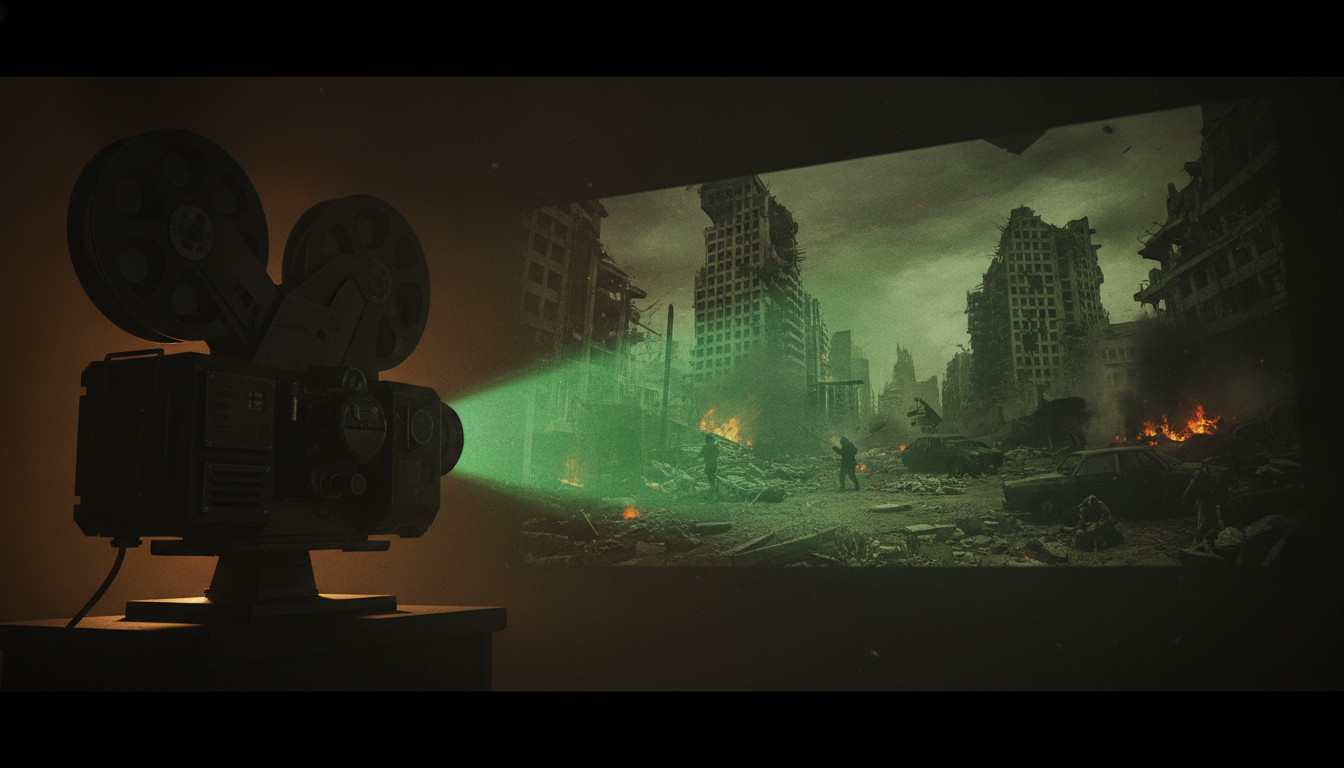 A movie projector casts a green tactical night-vision beam of a ruined Call of Duty Modern Warfare battlefield