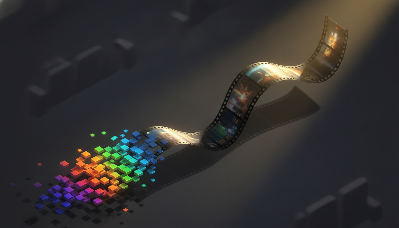 Glowing retro arcade pixels morphing into a glossy 35mm film strip under a dramatic golden cinema spotlight