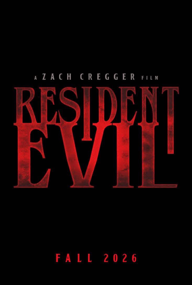Minimalist teaser poster with red Resident Evil title logo on black reading A Zach Cregger Film and Fall 2026