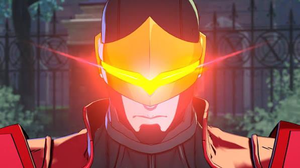 Close-up of Marvel Tōkon's Phoenix Cyclops, his red optic visor glowing amid violet and gold cosmic flames