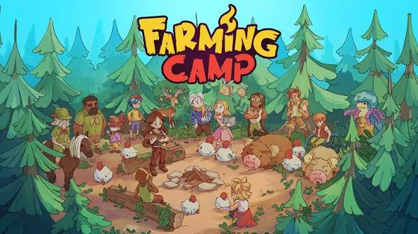 Farming Camp game art: diverse characters and animals in a forest clearing with a campfire and log benches