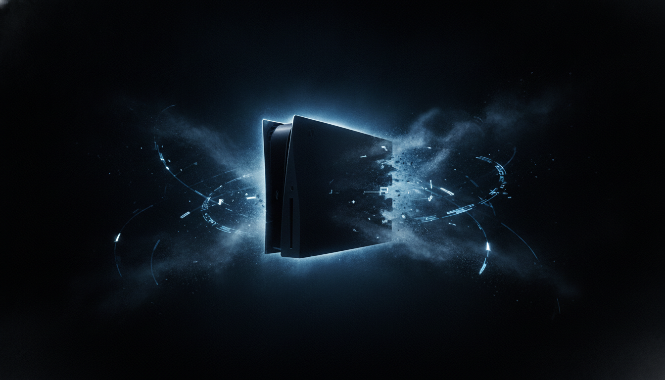 Silhouette of a PlayStation console with glowing blue digital network lines fracturing and dissolving in a dark space
