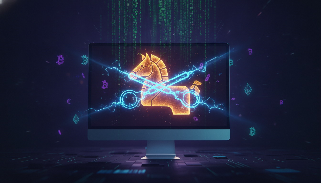Blue handcuffs clamp a Trojan horse Steam game icon on a monitor with floating cryptocurrency and binary code