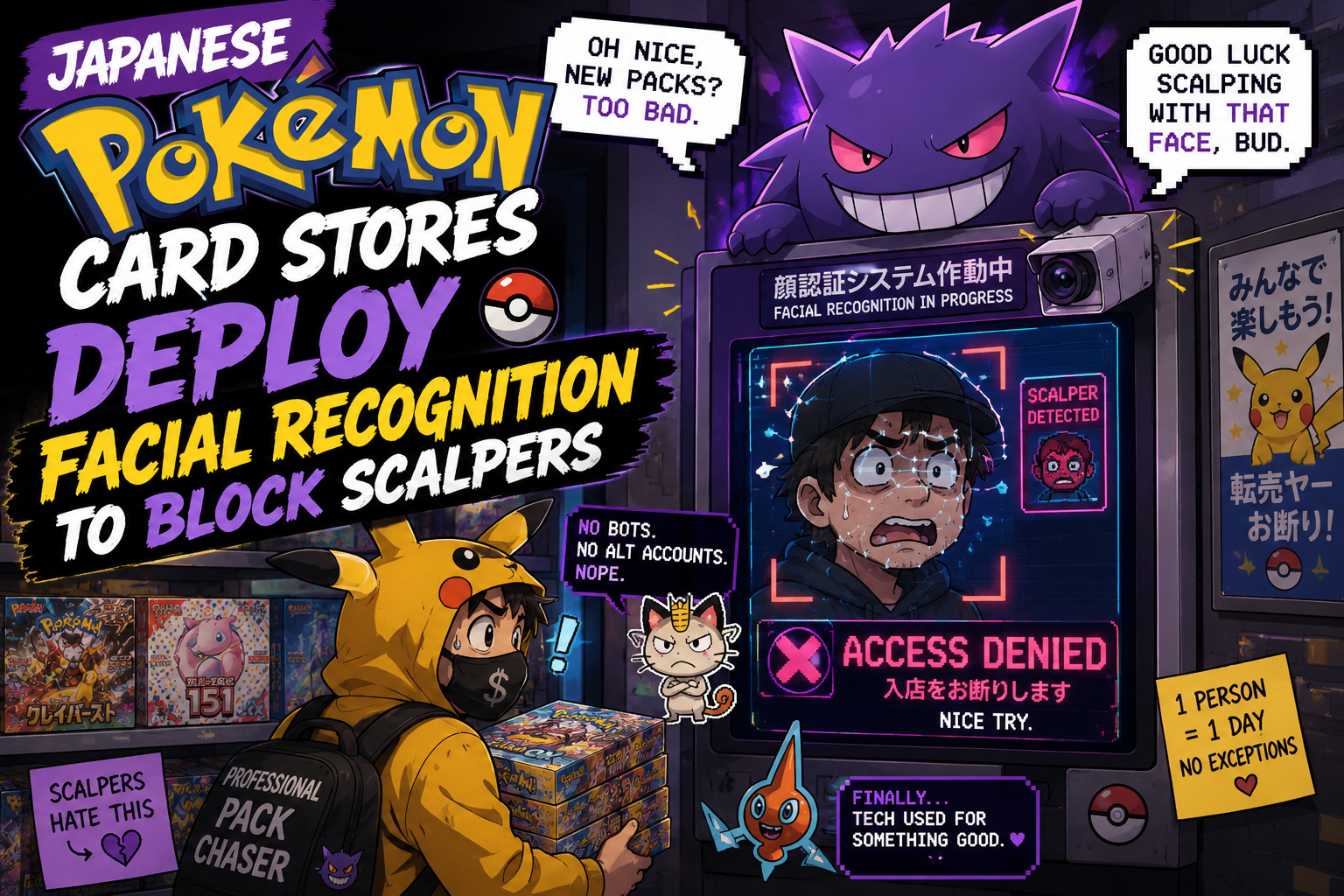 Hand holding a Pokémon card with a glowing blue facial-recognition scan inside a neon-green lit hobby shop