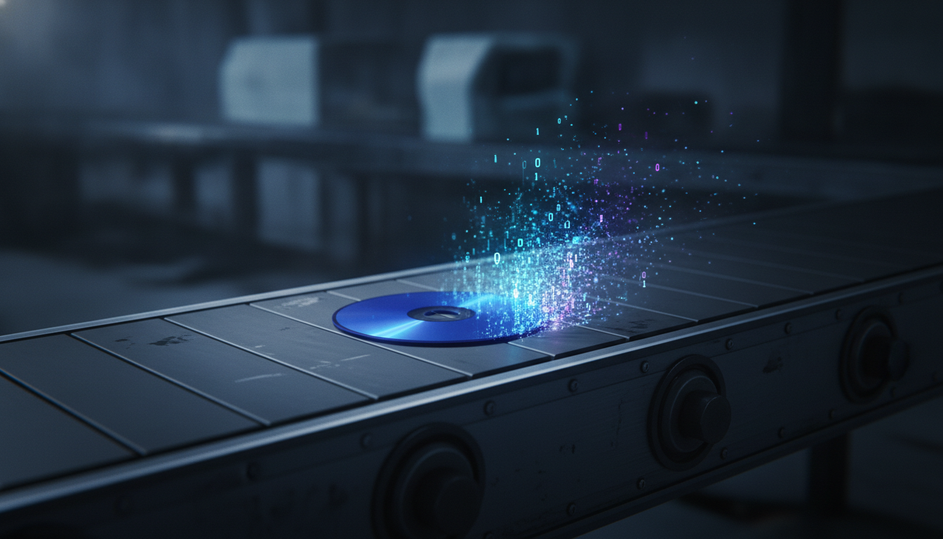 PlayStation game disc on a conveyor belt dissolving into glowing digital data and binary code