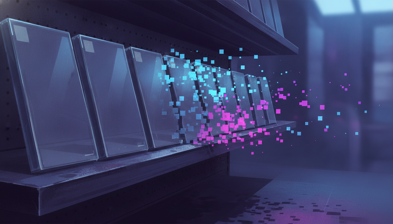 Plastic video game cases on a shelf dissolving into glowing digital pixels under dramatic blue and purple lights