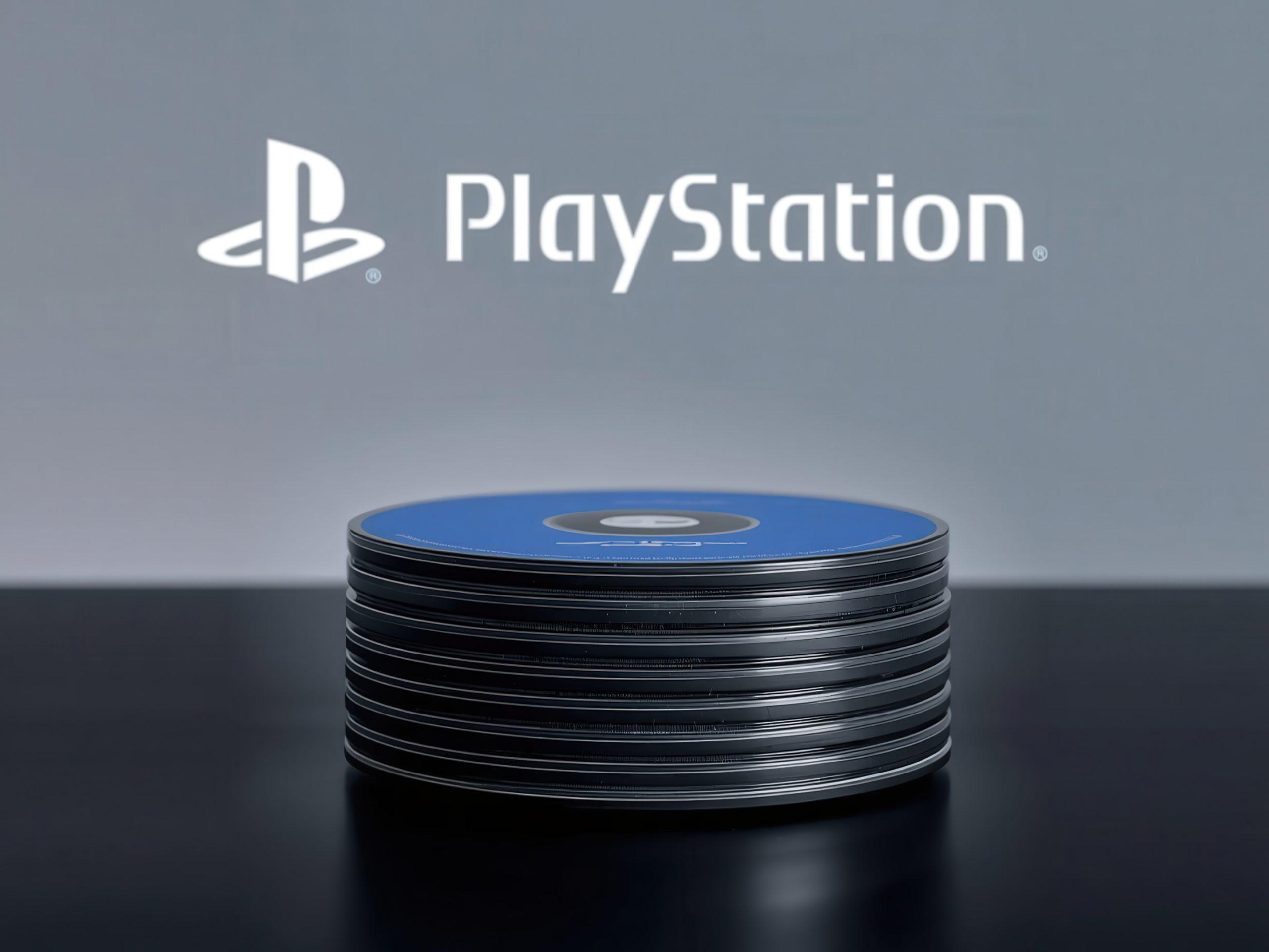 A PS5 game disc levitating as its physical edges dissolve into glowing digital pixels against a dark blue background