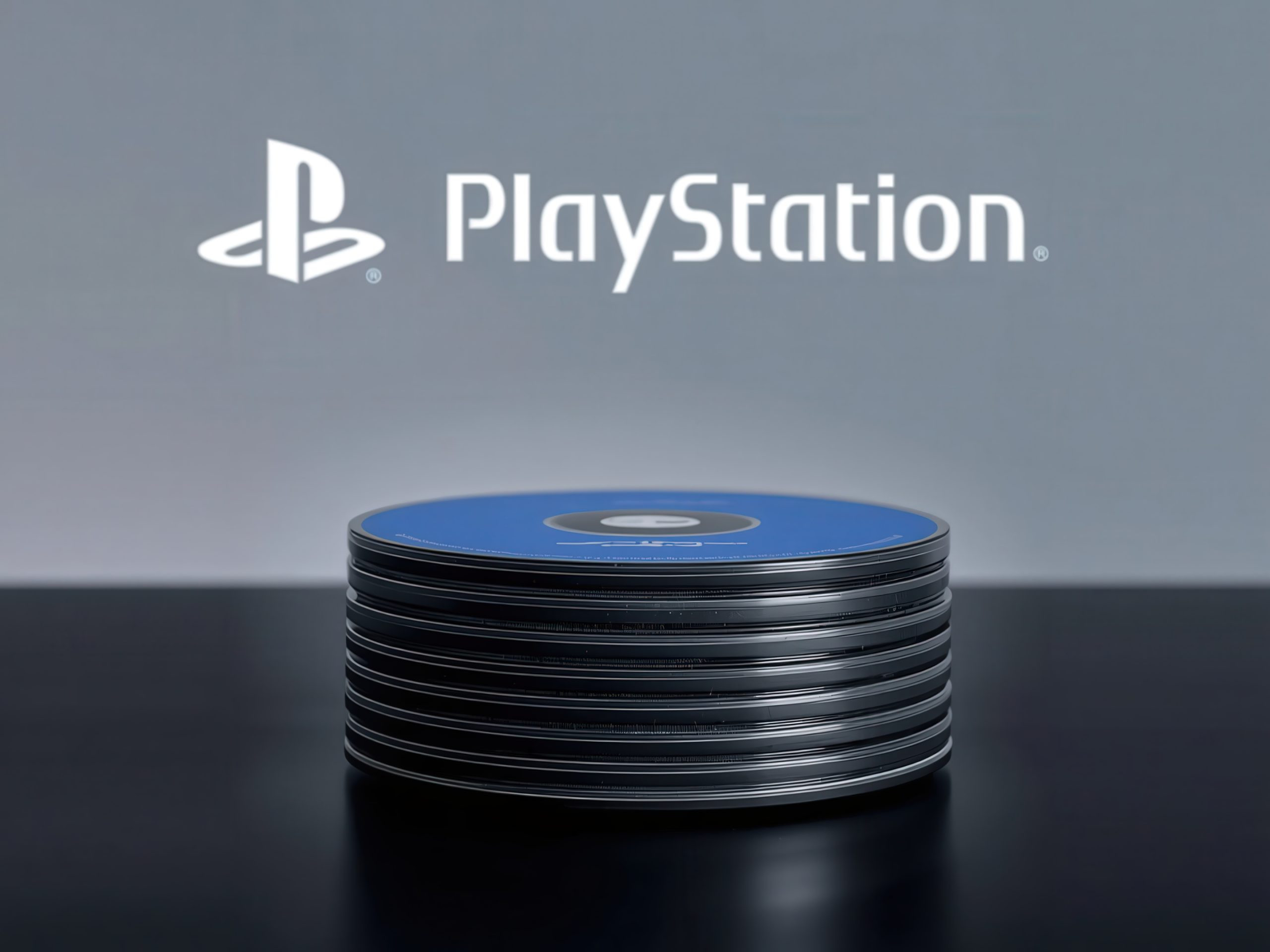 A PS5 game disc levitating as its physical edges dissolve into glowing digital pixels against a dark blue background