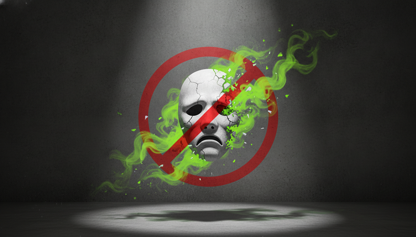 White slasher mask from Halloween: The Game dissolving into neon-green smoke behind a red prohibition slash