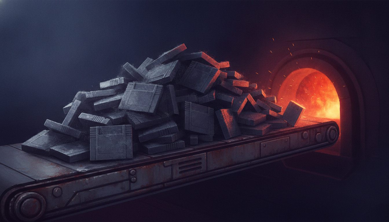 Dusty 8-bit Super Mario Bros cartridges on a conveyor belt teeter inches from a glowing red furnace in blue shadows