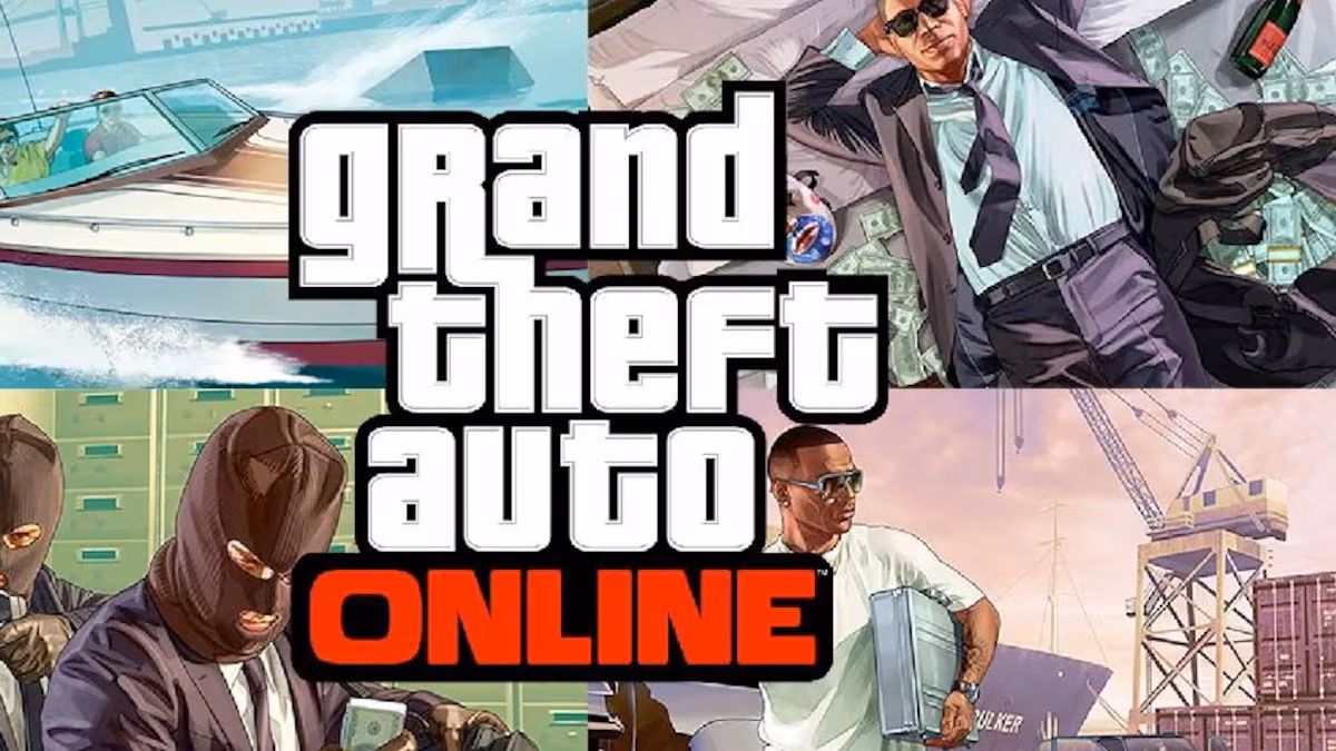 Grand Theft Auto Online hero image: collage of scenes including a boat, a man on money, masked robbers, and a man with a briefcase at a dock