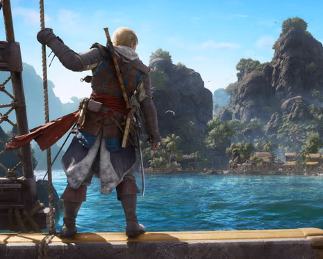 Assassin's Creed Black Flag pirate on a ship deck looking at a tropical island village and mountains