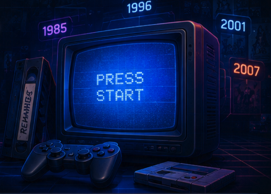 Rewinding — a retro console and CRT lit up in neon